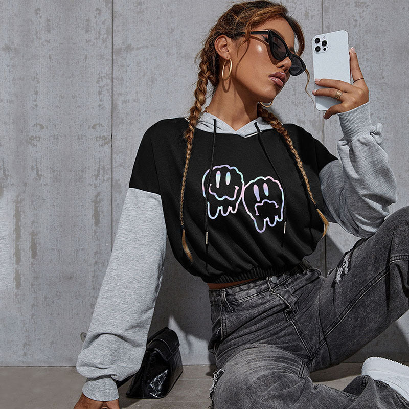 Women's Cropped Hoodie with Contrast Sleeves, Elastic Hem and Melting Smiley Print