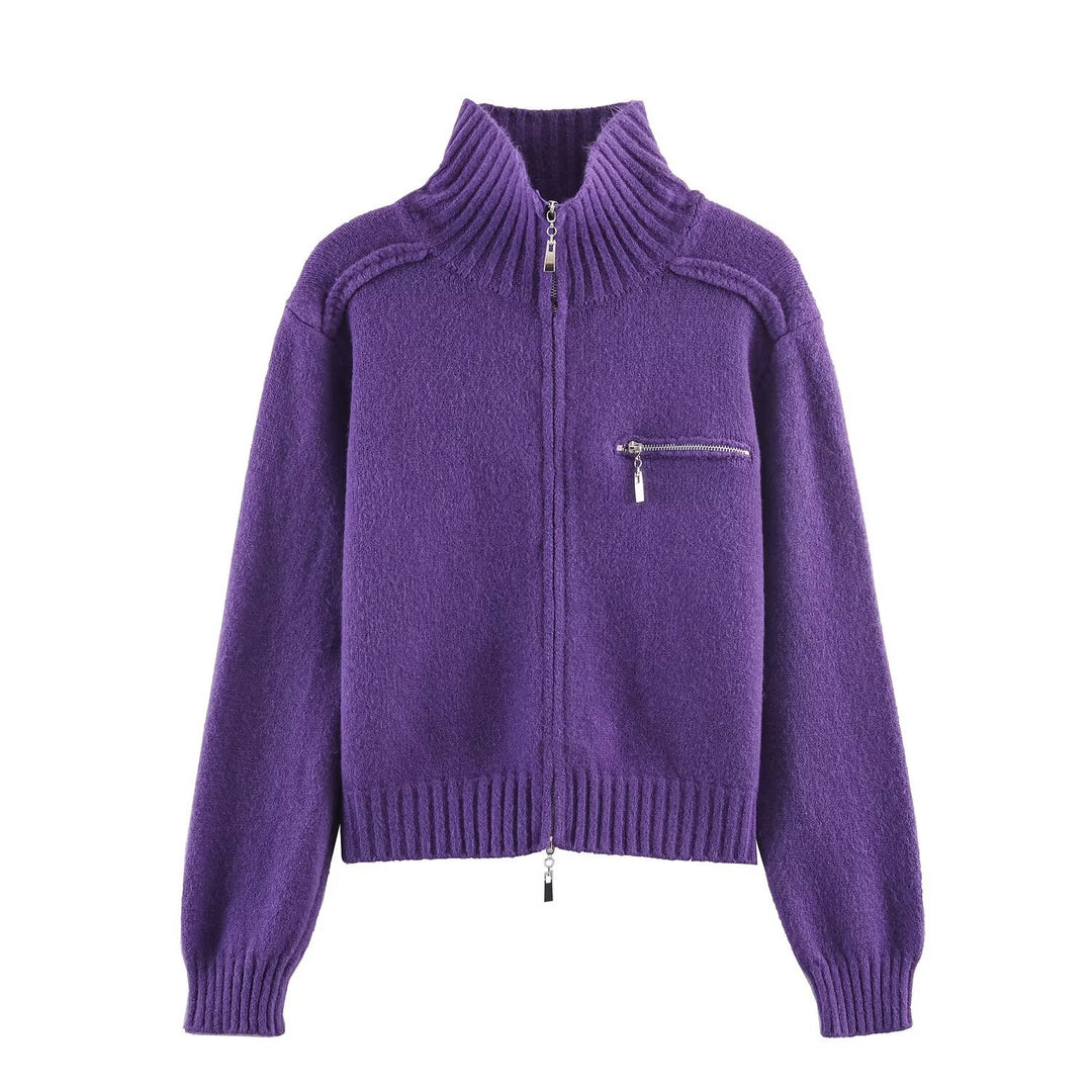 Women's Chunky Knit Zip-Up Cardigan with High Ribbed Collar and Chest Pocket Mune Fashion