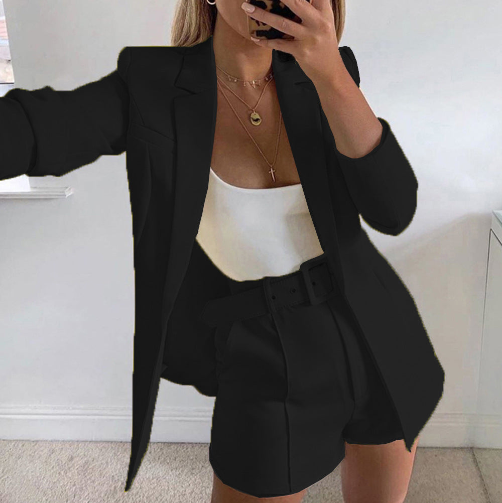 Women's Elegant Two-Piece Blazer-Shorts Set with Tailored Lapel Blazer and High-Waist Shorts Mune Fashion