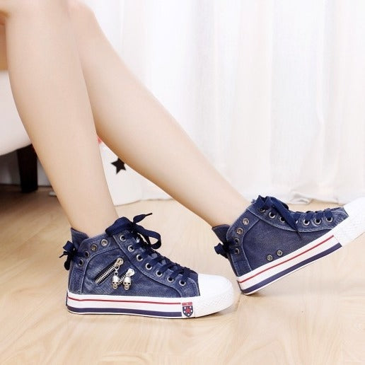 Women high sneakers in denim look with side zipper and decorative pendants Mune Fashion