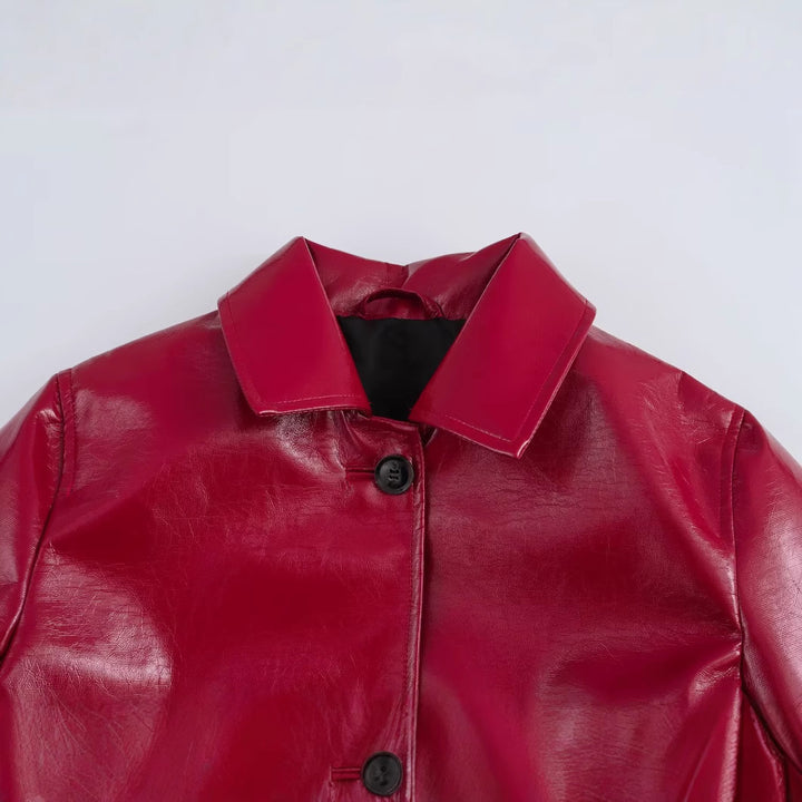 Women's Shiny Faux Leather Blouse Jacket in Boxy Cut with Shirt Collar Mune Fashion