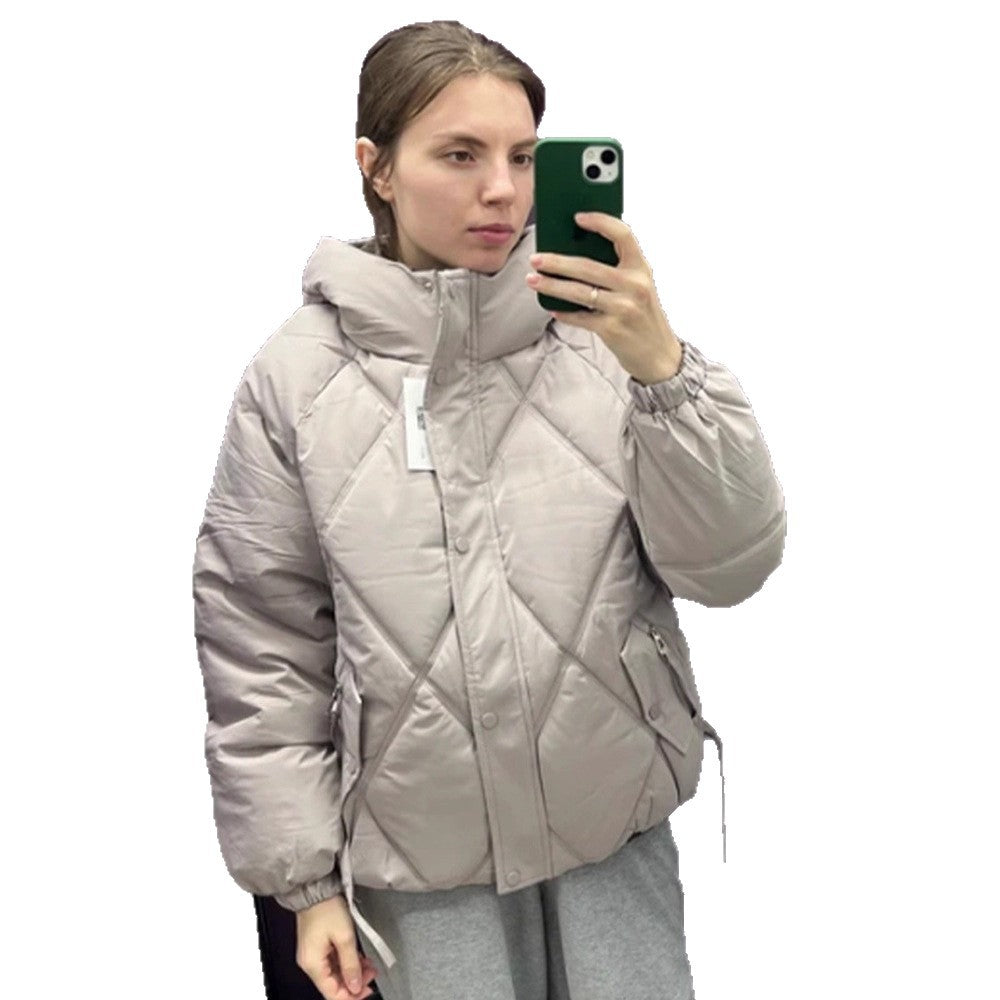 Women's Quilted Diamond-Quilted Puffer Jacket with Hood and Concealed Zipper Mune Fashion
