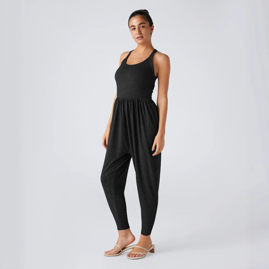 Women's casual jersey jumpsuit with racerback, smocked waist and side pockets Mune Fashion