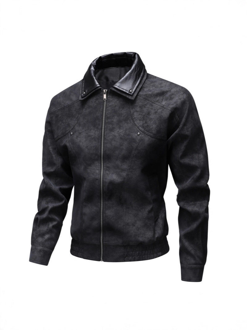 Men's Vintage-inspired Faux Leather Blouson Jacket with Contrast Collar Mune Fashion
