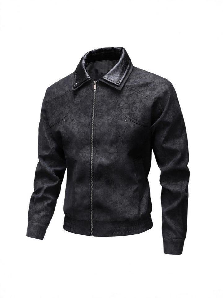 Men's Vintage-inspired Faux Leather Blouson Jacket with Contrast Collar Mune Fashion