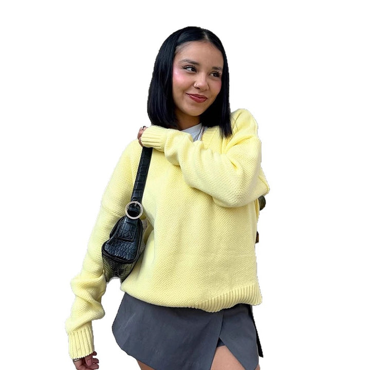 Women Oversize V-Neck Fine Knit Sweater with Structured Stitch Look and Ribbed Cuffs Mune Fashion