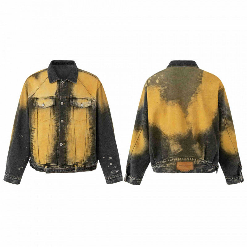 Men's Oversized Denim Blouson Jacket with Dip-Dye Effect, Paint Splatter and Adjustable Waist Belt Mune Fashion