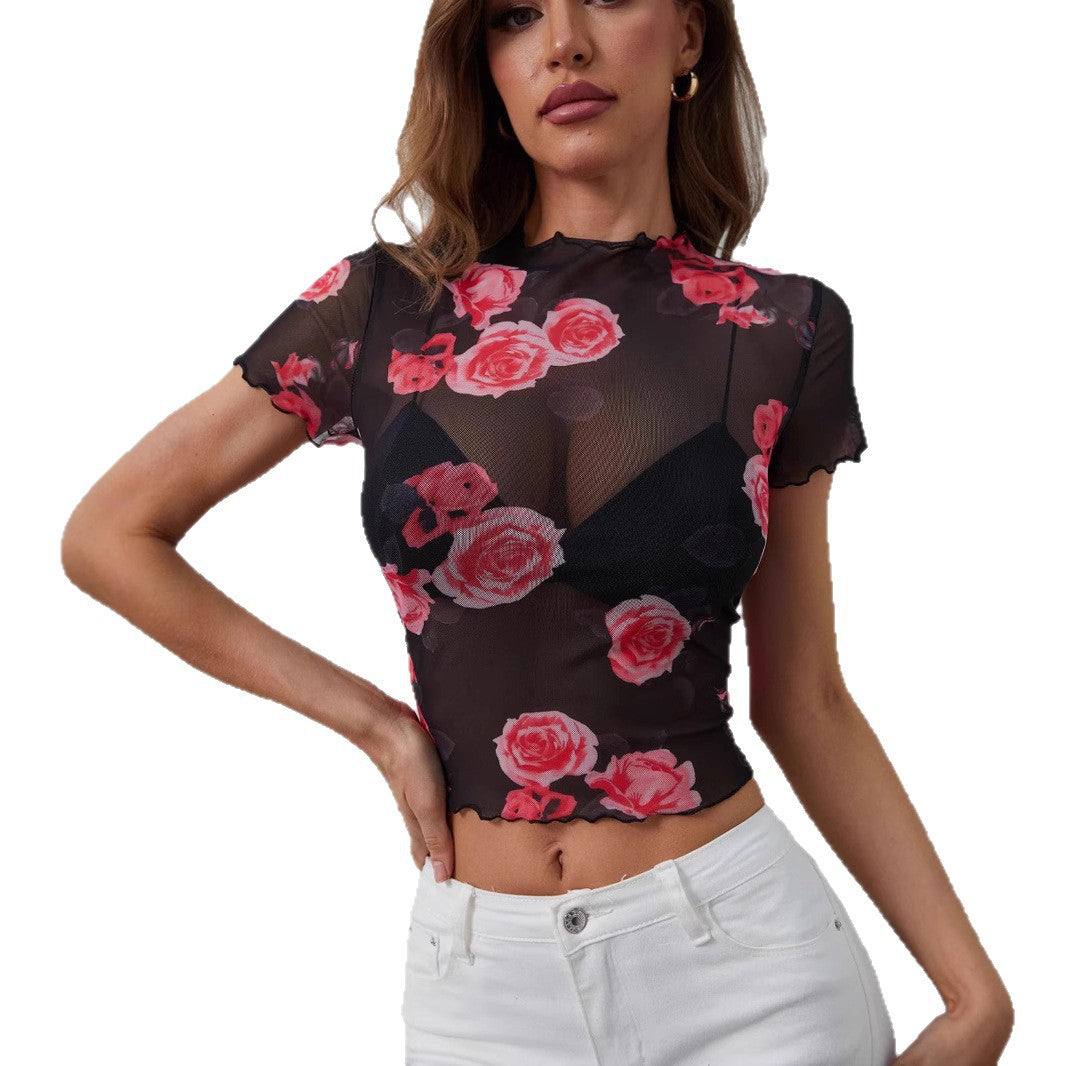Ladies fitted mesh crop top with rose print, stand collar and wavy hem Mune Fashion