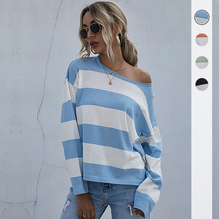 Women Loose Striped Sweater with Bardot Neckline and Oversized Cut Mune Fashion
