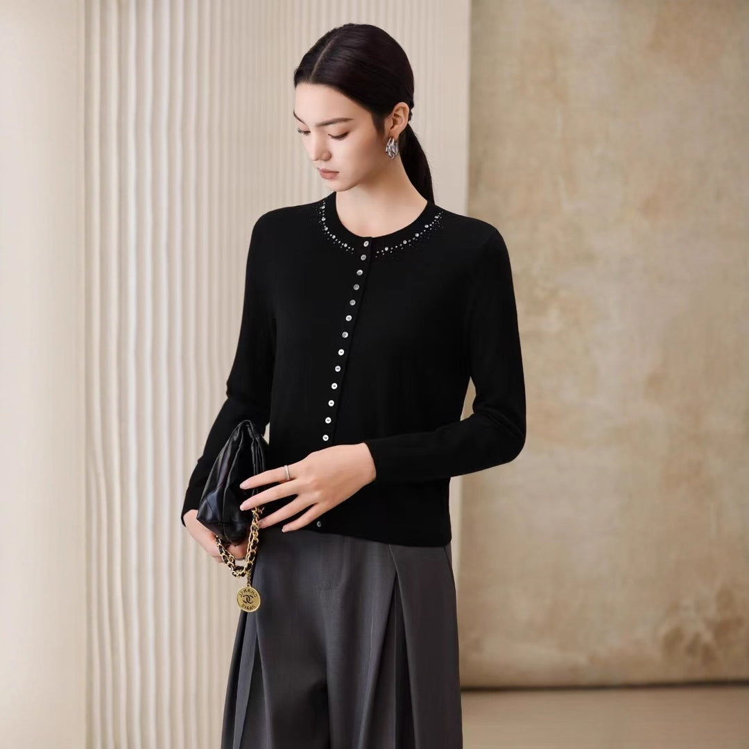 Women Fine Fine Knit Cardigan with Bead Decor at Crew Neck