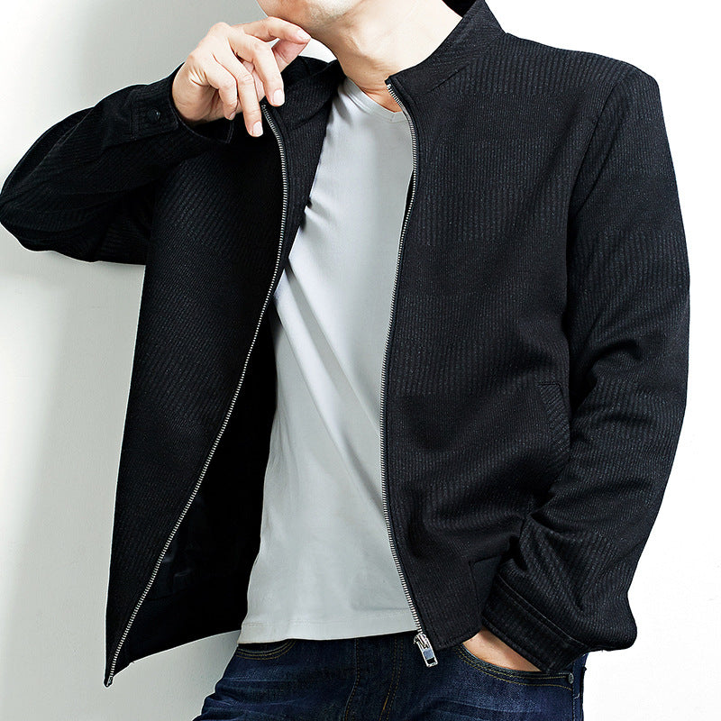 Men's Structured Bomber Jacket with Fine Stripe Texture and Concealed Zipper Mune Fashion