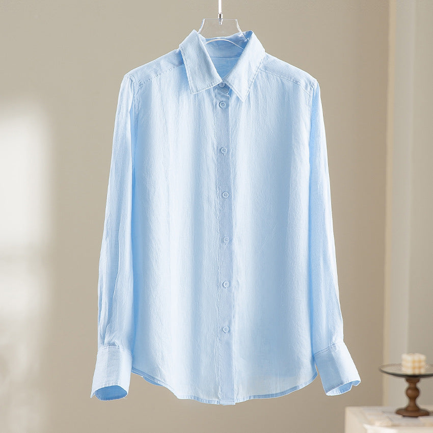 Women Lightweight Oversized Linen Blouse Shirt with Classic Collar and Continuous Button Placket Mune Fashion