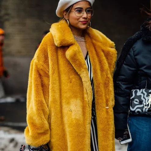 Women's Maxi Faux Fur Coat in Teddy Finish with Extra Large Shawl Collar Mune Fashion