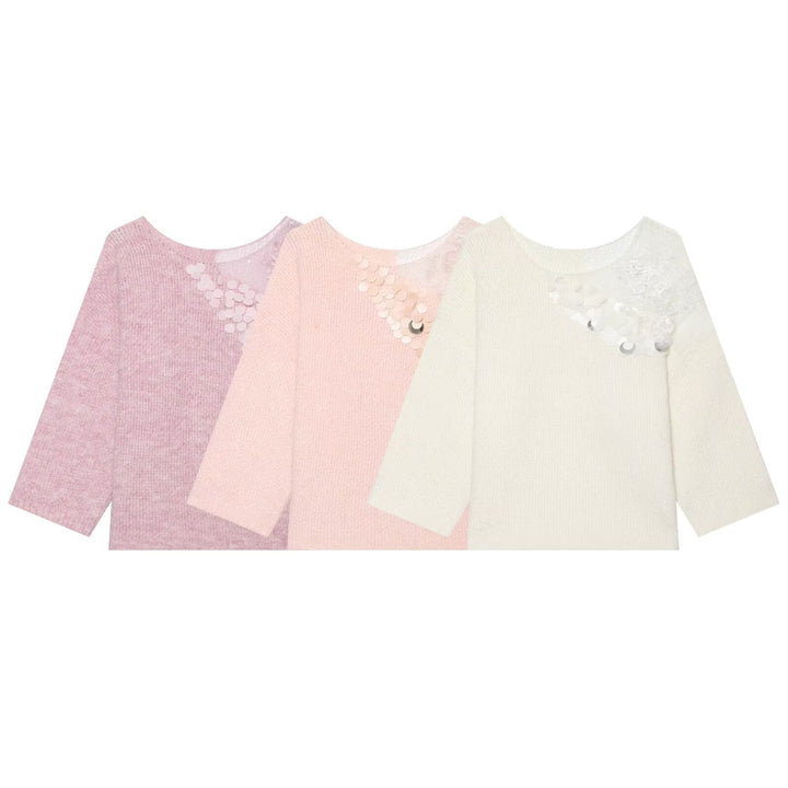 Ladies chunky knit pullover with round neckline, 3/4 sleeves and sequin lace application Mune Fashion