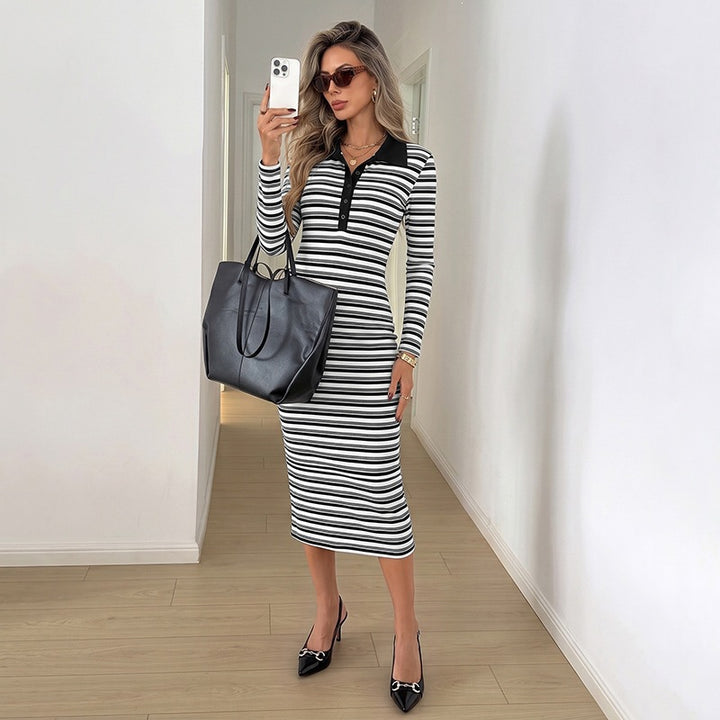 Women Elegant fitted striped mini dress with collar Mune Fashion