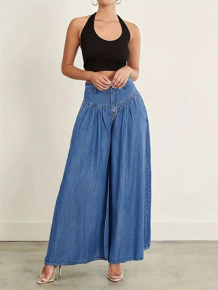 Women High-Waisted Denim Palazzo Pants with Gathered Box Pleat and Extra Wide Leg Mune Fashion