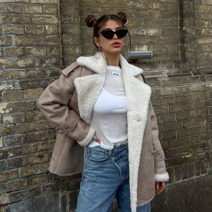 Women Oversized Flight Jacket made of Lambskin Imitation with Double-Breasted Button Placket Mune Fashion