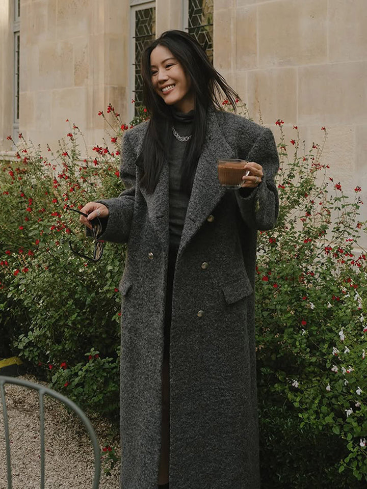 Women Maxi Long Oversize Wool Blend Coat Double-Breasted with Boxy Silhouette and Patch Pockets Mune Fashion