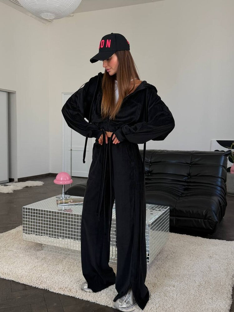 Women's Cropped Hoodie with Drawstring and Wide Split Pants Lounge Set Mune Fashion