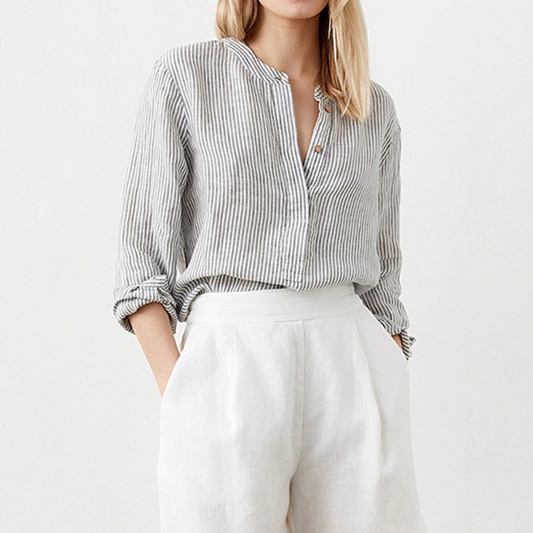 Women Lightweight Striped Tunic Blouse with Stand Collar and High Hem