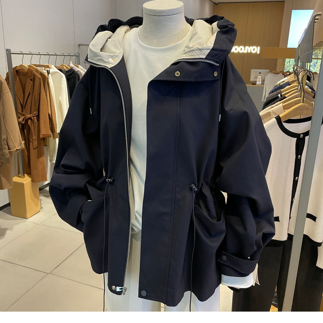Women's Oversized Hooded Jacket with Drawstring, Flap Pockets and Two-Way Zipper Mune Fashion