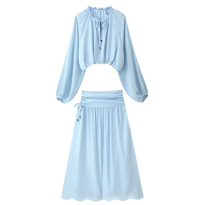 Women's Two-Piece Boho Set with Cropped Ruffle Blouse, Balloon Sleeves and High-Waisted Maxi Skirt Mune Fashion