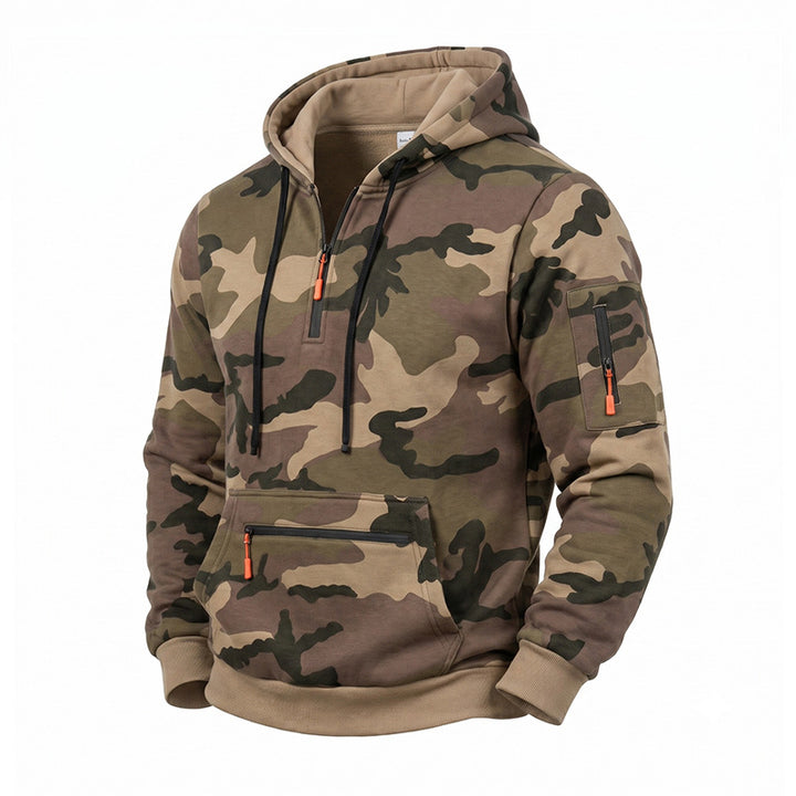 Men's Hooded Sweatshirt Camouflage with Fleece Lining, Half Zip and Zipper Pockets Mune Fashion