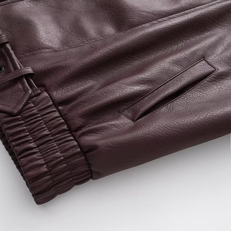 Ladies Oversize Faux Leather Biker Jacket with Asymmetrical Zipper, Belt and Elastic Waist Mune Fashion