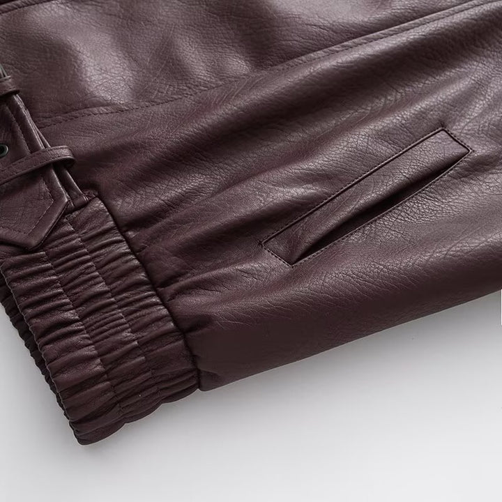 Ladies Oversize Faux Leather Biker Jacket with Asymmetrical Zipper, Belt and Elastic Waist Mune Fashion