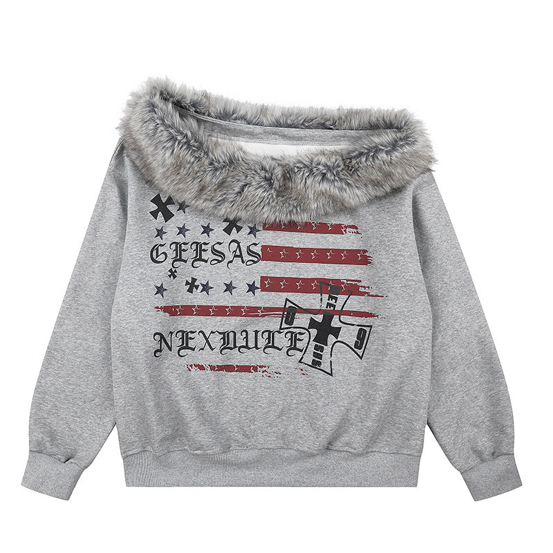 Women's Off-Shoulder Sweatshirt with Fake-Fur Collar, Relaxed Fit and Vintage Flag Print Mune Fashion