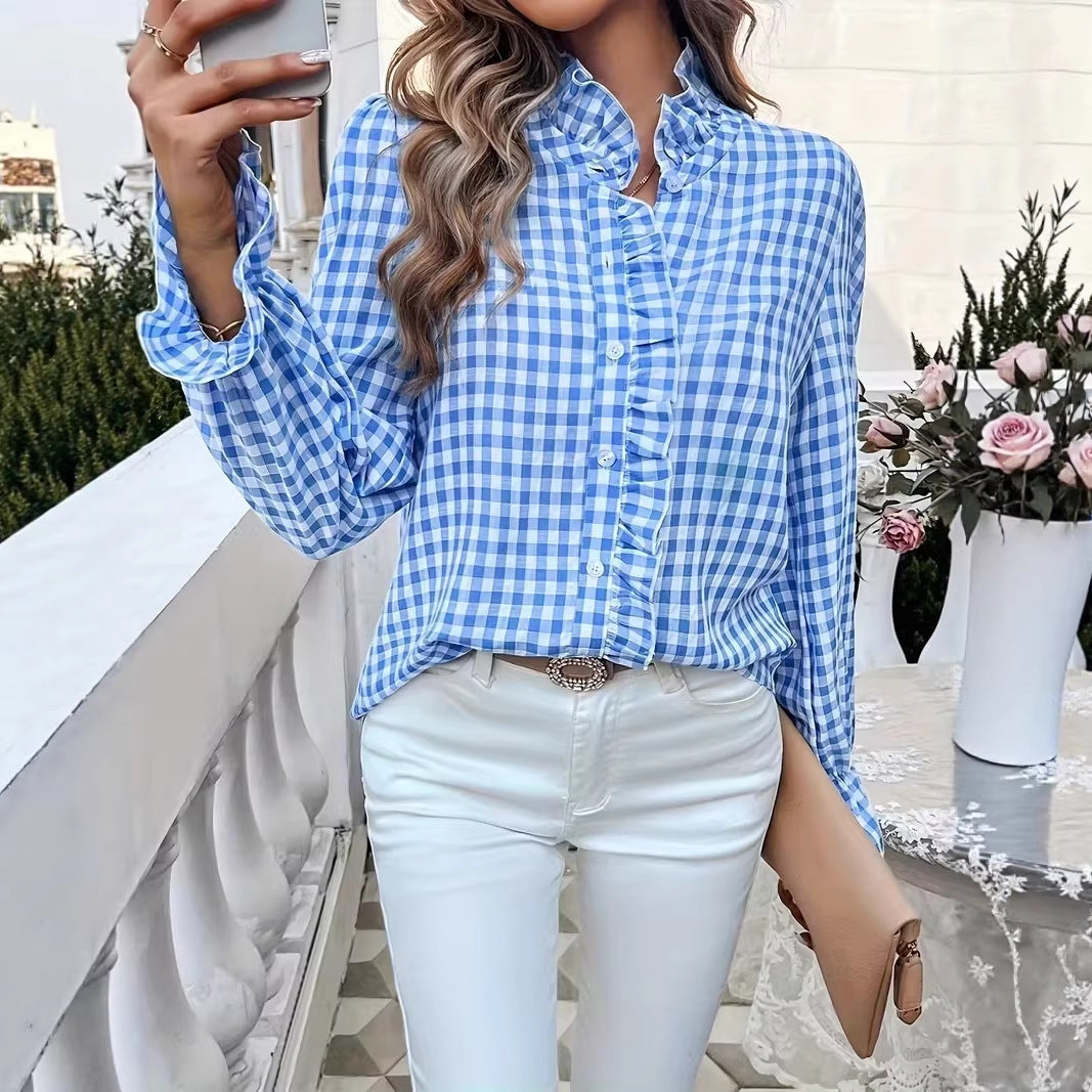 Women checked ruffle blouse with flounce collar and long cuffs Mune Fashion