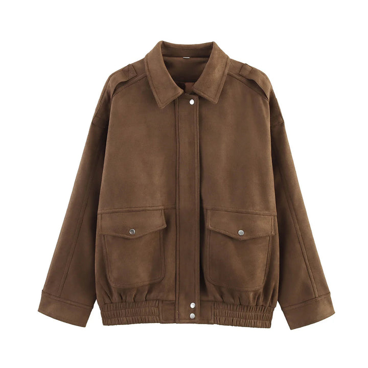 Women's casual velour jacket with snap button placket, patch flap pockets, and elastic hem Mune Fashion
