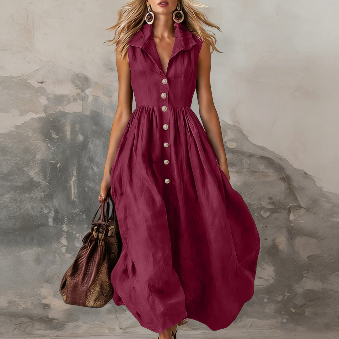 Women's Sleeveless Midi Dress with Button Placket, Gathered Waist and Ruffled Collar Mune Fashion
