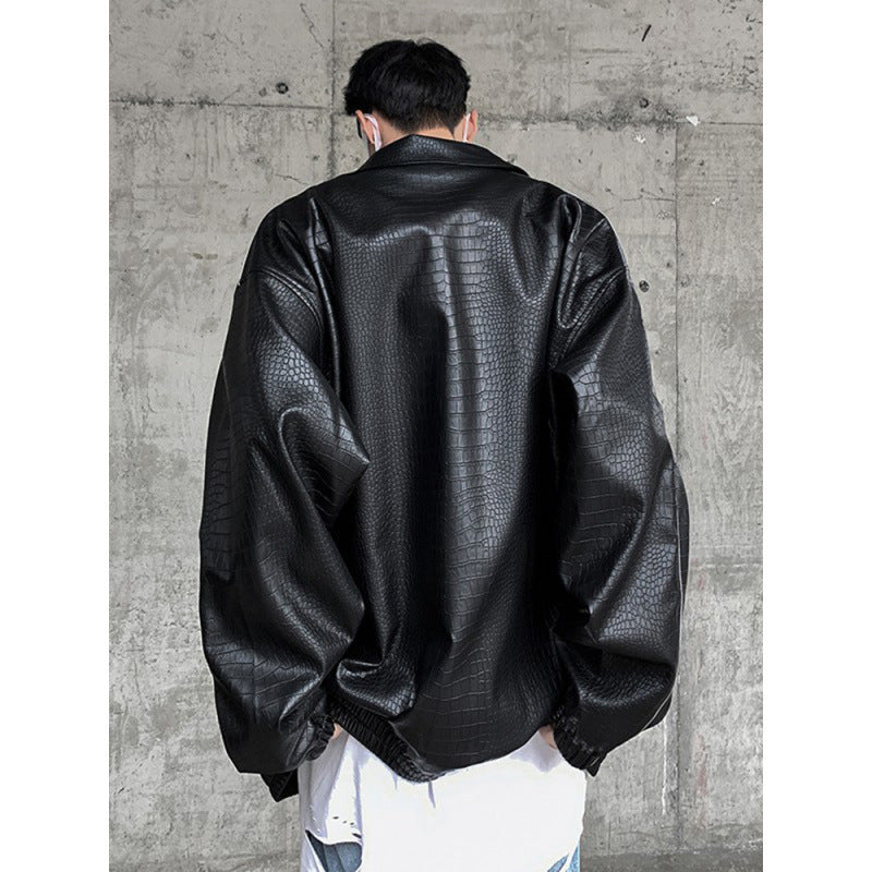 Men's Oversized Faux Leather Jacket with Crocodile Embossing and Contrast Piping Mune Fashion