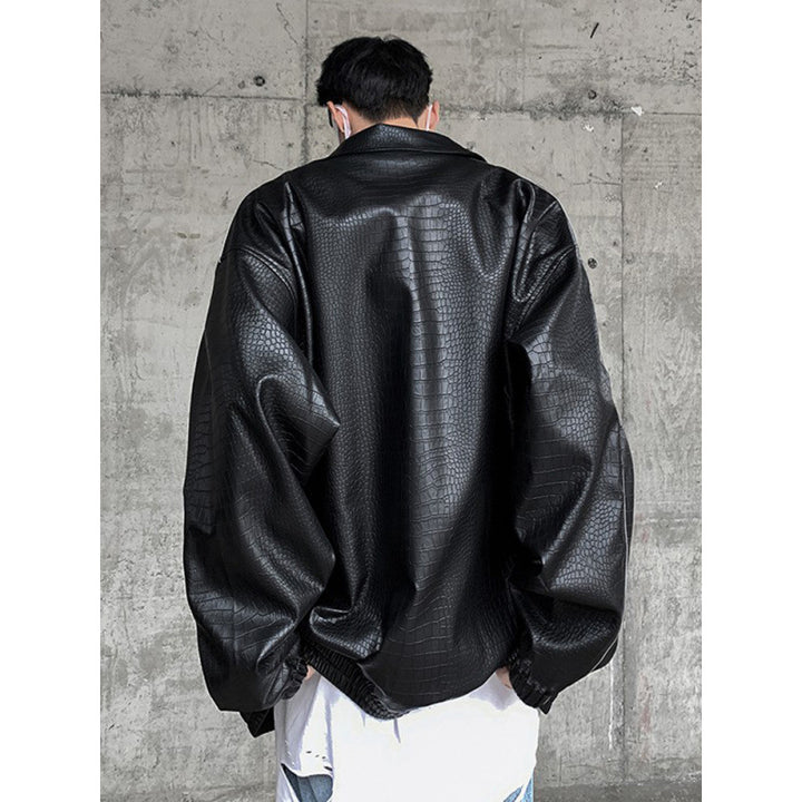 Men's Oversized Faux Leather Jacket with Crocodile Embossing and Contrast Piping Mune Fashion