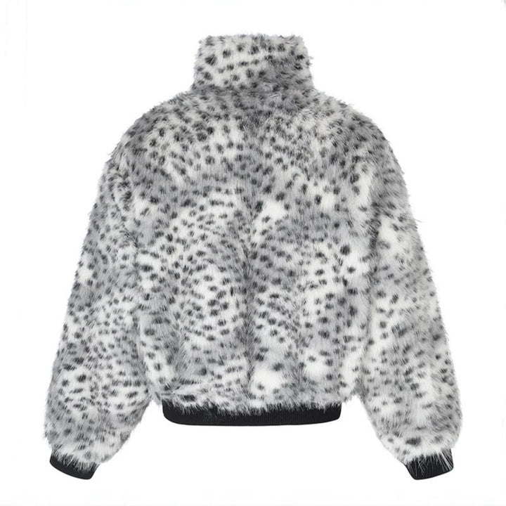 Women's Cropped Faux Fur Bomber Jacket with High Stand-Up Collar, Polka Dot Leopard Pattern, and Ribbed Hem Mune Fashion