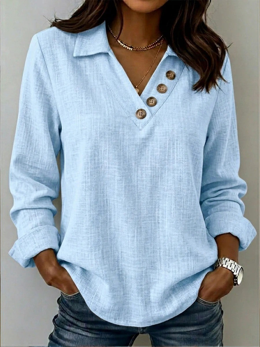 Women's Casual V Neck Blouse Shirt with Shirt Collar and Asymmetrical Decorative Button Placket Mune Fashion