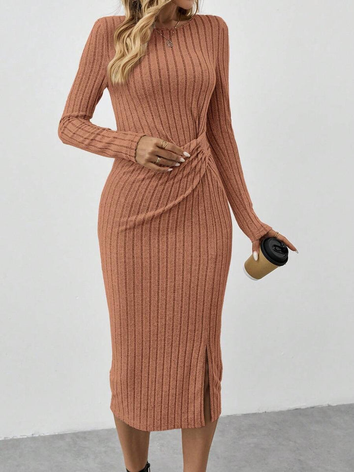 Women's Ribbed Midi Dress in Fine Knit with Twisted Waist Detail Drune