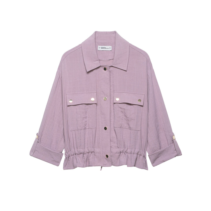Women's Lightweight Shirt Blouse Utility Jacket with Drawstring Waist and Flap Pockets