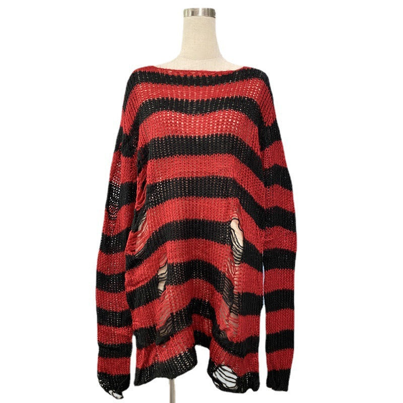 Women's oversized chunky knit sweater with wide block stripes and distressed design Mune Fashion