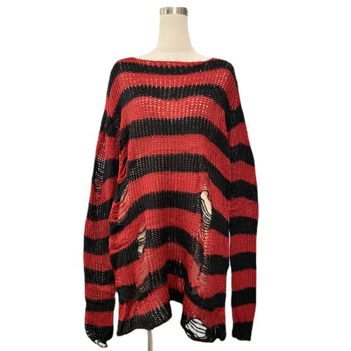 Women's oversized chunky knit sweater with wide block stripes and distressed design Mune Fashion