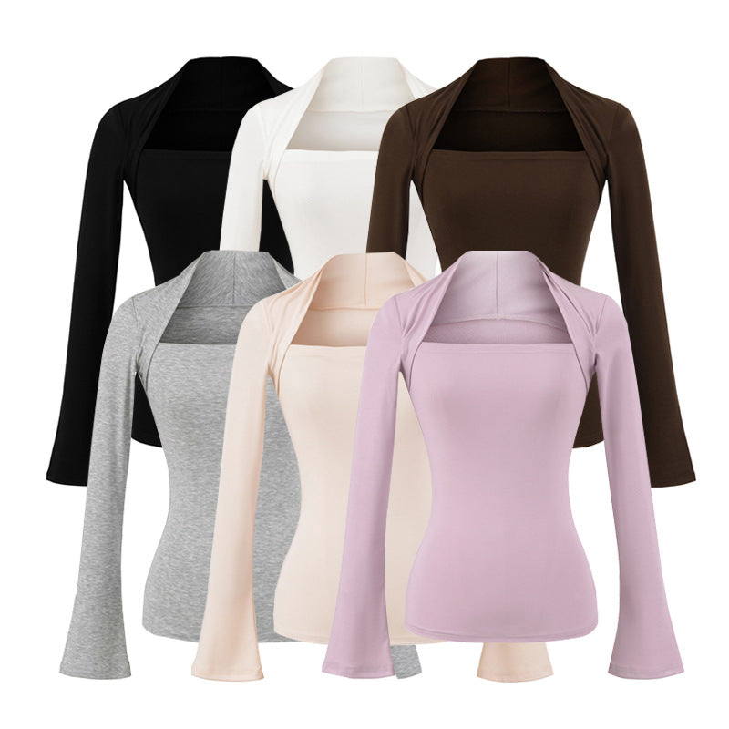 Women's fitted long-sleeve top with wide shawl collar and trumpet sleeves Mune Fashion