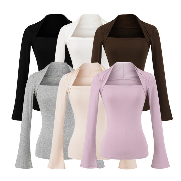 Women's fitted long-sleeve top with wide shawl collar and trumpet sleeves Mune Fashion