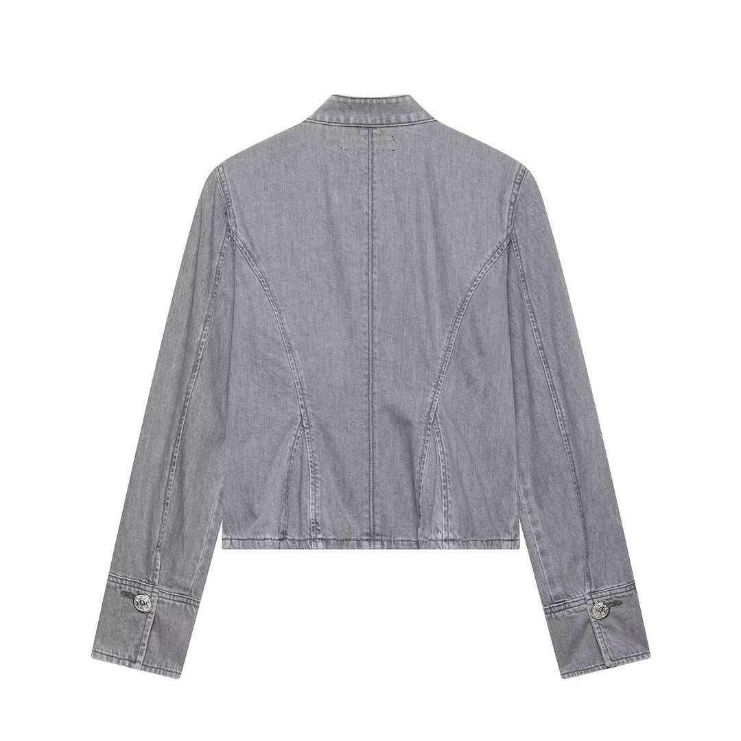 Ladies' denim jacket with military cord application and stand-up collar Mune Fashion