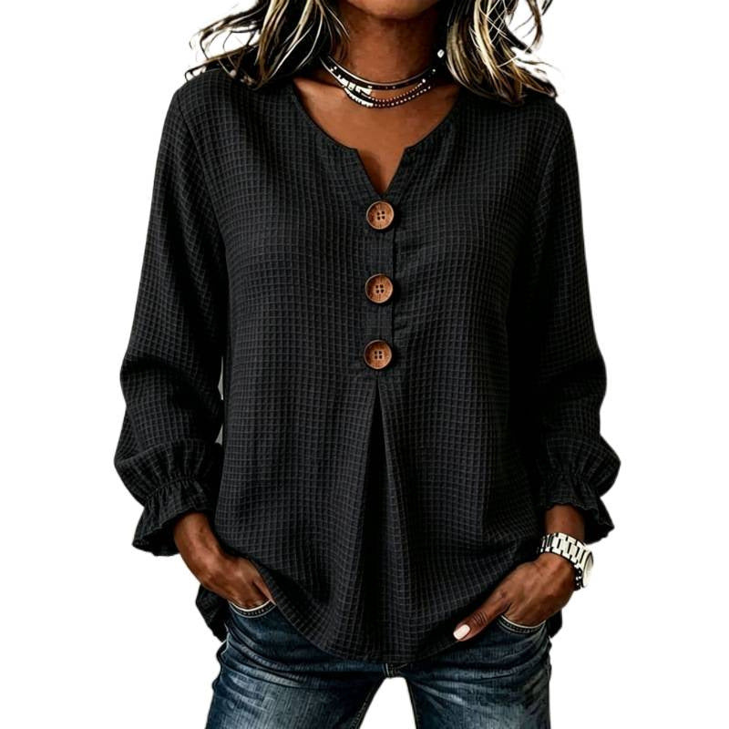 Women's Loose Cotton-Style Tunic Shirt with Decorative Button Placket and Pleat Mune Fashion