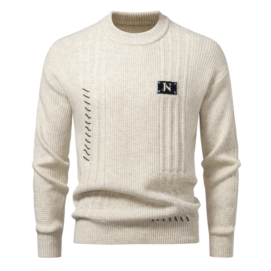 Men's Structured Ribbed Knit Pullover with Decorative Seams and Logo Patch Mune Fashion
