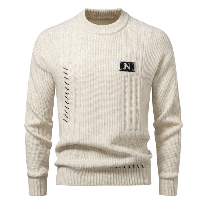 Men's Structured Ribbed Knit Pullover with Decorative Seams and Logo Patch Mune Fashion
