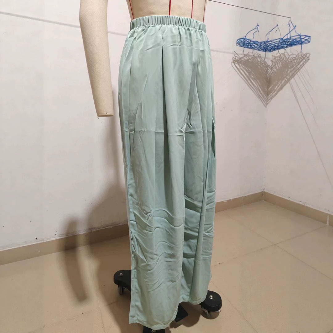 Women Light Satin Palazzo Pants with High Elastic Waistband and Box Pleats Drune