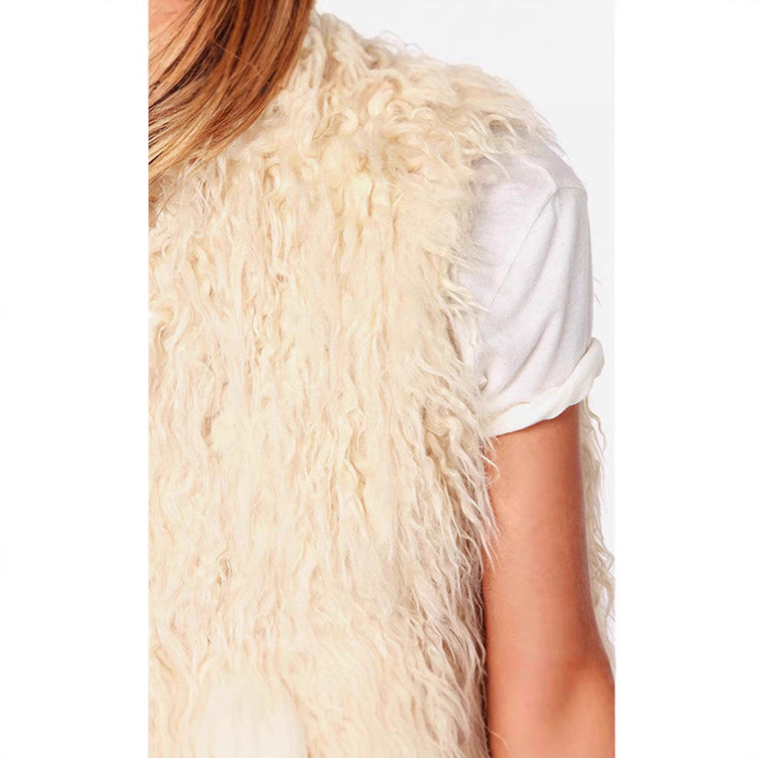 Women Sleeveless Shaggy Faux Fur Vest with Long Pile and Open Hem Mune Fashion