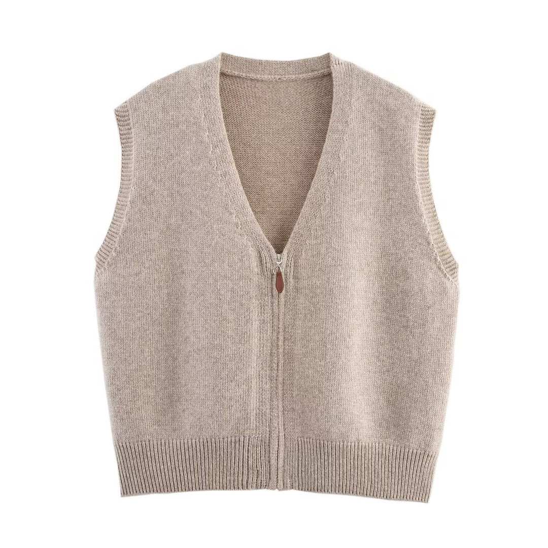 Women's knitted vest with full-length zipper and V-neck Mune Fashion